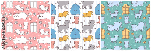 Set of Cats Animals Seamless Pattern Design with Cat Element in Template Hand Drawn Cartoon Flat Illustration