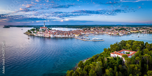 Fototapeta Naklejka Na Ścianę i Meble -  A beautiful panorama aerial picture of a mediterranean croatian city of Rovinj in Istria, summer.