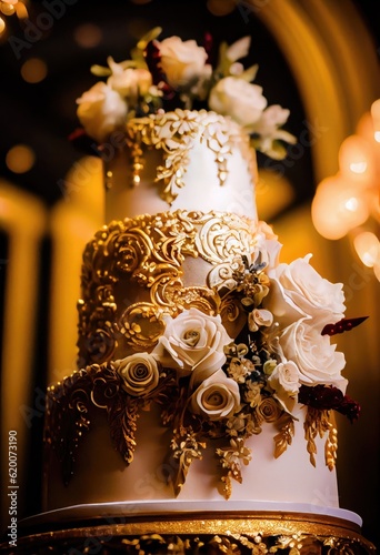 Wedding cake decorated with a beautiful decor of cream. Generative Ai photo