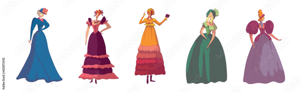 Madam Woman in Standing Pose Wearing Old-fashioned Dress or Ball Gown Vector Set Madam Woman in Standing Pose Wearing Old-fashioned Dress or Ball Gown Vector Set
