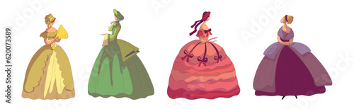 Madam Woman in Standing Pose Wearing Old-fashioned Dress or Ball Gown Vector Set