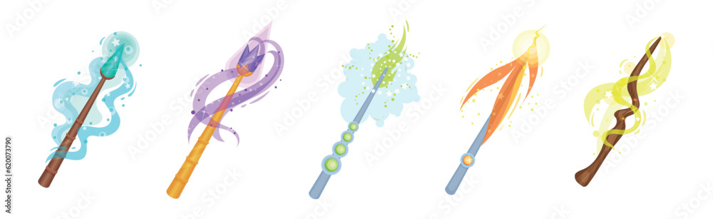Magic Wands with Fairy Dust and Glow Swirling Around Vector Set Magic Wands with Fairy Dust and Glow Swirling Around Vector Set