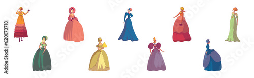 Madam Woman in Standing Pose Wearing Old-fashioned Dress or Ball Gown Vector Set