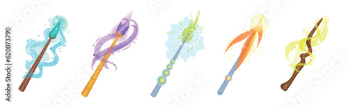 Magic Wands with Fairy Dust and Glow Swirling Around Vector Set