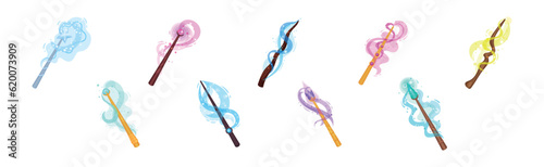 Magic Wands with Fairy Dust and Glow Swirling Around Vector Set
