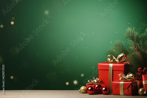 Green Christmas Background with Red Christmas Boxes Generative AI