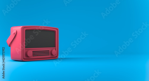 3D rendering, Mock up of pink vintage radio receiver, blank empty space for your copy or design, blue color background.