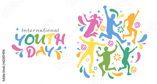 International Youth Day Banner With Young People Sillhouette Abstract Colorful Doodle