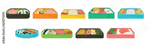 Japanese Bento Colorful Food Box as Ready Meal Vector Set