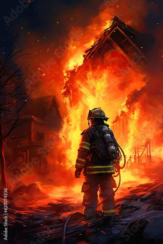 A firefighter against the background of a burning building  ai generative