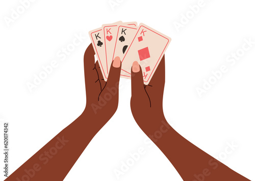 Manicured dark-skinned female hands holding playing cards kings. Vector isolated illustration in flat style, logical board game poker.