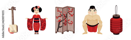 Japan Travel Symbols with Shamisen, Geisha, Folding Screens, Sumo Wrestler and Lantern Vector Set