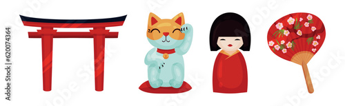 Japan Travel Symbols with Torii Gate, Beckoning Cat, Fan and Doll Figurine Vector Set