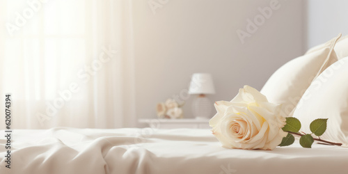 Rose flower on bed, modern minimal bedroom, light and cozy. Generative AI