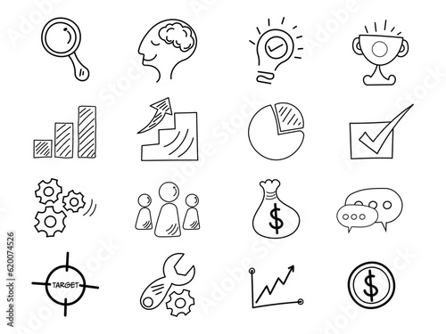 Set of Business doodle icon. Financial symbols doodles cartoon hand drawn vector illustration.