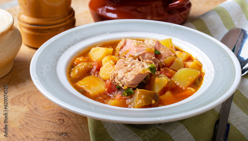 Tuna and potato stew called Marmitako in traditional Basque cuisine photo
