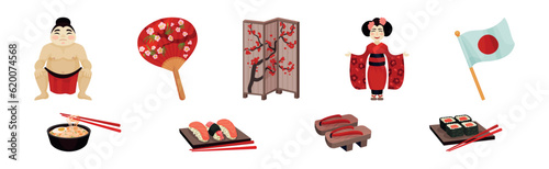 Japan Travel Symbols with Geisha, Folding Screens, Sumo Wrestler, Fan, Sashimi, Wooden Shoe and Flag Vector Set