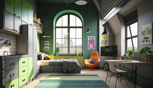 cool children's room in a loft apartment in green