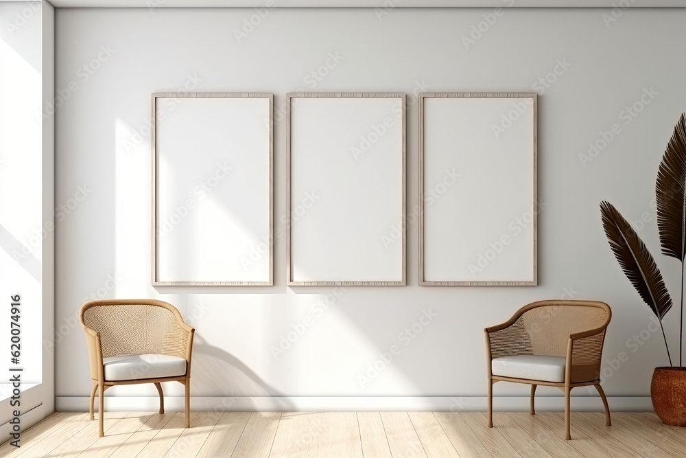 three empty wooden picture frames in a minimalistic room - created using generative Ai tools three empty wooden picture frames in a minimalistic room - created using generative Ai tools