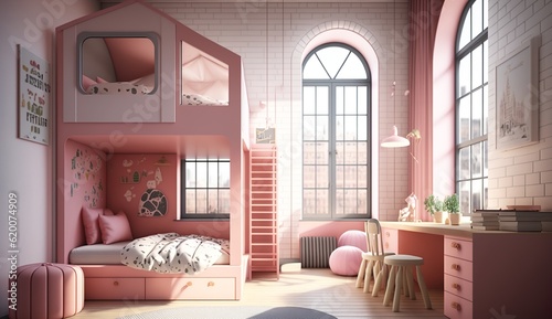 cool children's room in a loft apartment in pink color