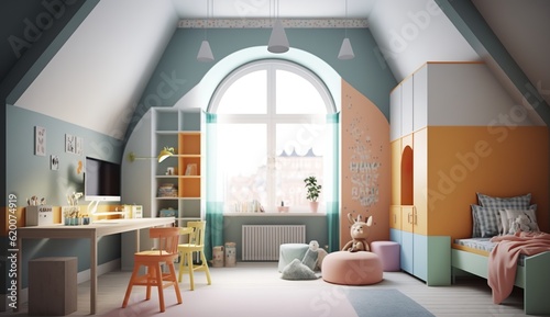 cool children's room in a loft apartment in pastel colors