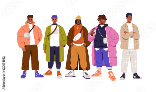 Modern black men, people group portrait. Young African-American guys standing together in clothes, trendy apparel, fashion outfit in street style. Flat vector illustration isolated on white background photo