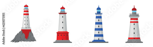 Lighthouse Tower Serving as Navigational Aid on Sea Vector Set