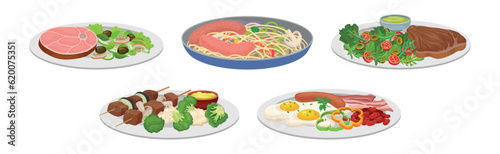 Different Food and Tasty Dish Served on Plate Vector Set