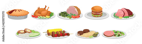 Slika na platnu Different Food and Tasty Dish Served on Plate Vector Set