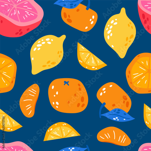 Seamless vector pattern with colorful fruits.  Citrus vector illustration