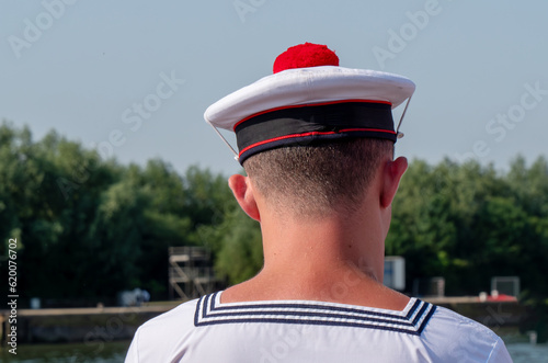 Sailor beret with red pom-pom. french marine cap