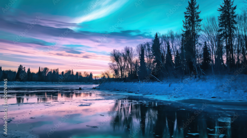 Night winter landscape. Northerncolorful lights over the lake