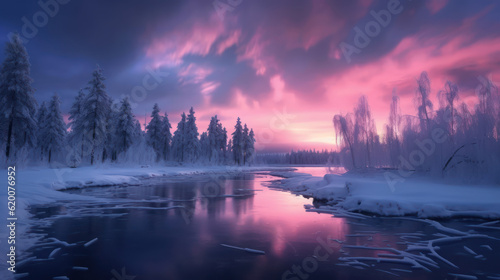 Night winter landscape. Northerncolorful lights over the lake © tashechka
