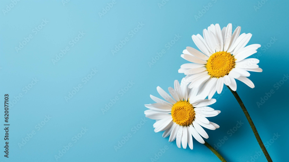 Chamomile On colorful background. Empty copy space on side. Generative AI. Chamomile On colorful background. Empty copy space on side. Generative AI.