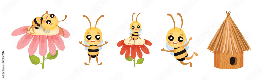 Cute Striped Honey Bee Character with Yellow Body Vector Set Cute Striped Honey Bee Character with Yellow Body Vector Set