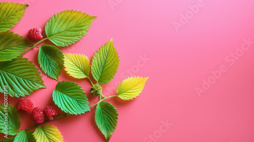 Raspberry leaves On colorful background. Empty copy space on side. Generative AI.