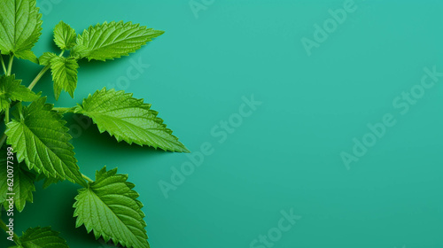 Stinging nettle On colorful background. Empty copy space on side. Generative AI. 