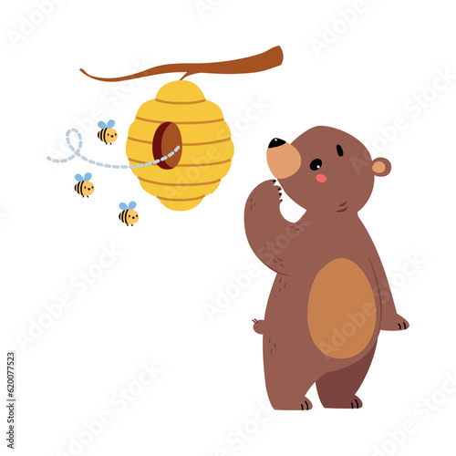 Cute Bear Character with Rounded Ears Standing at Bee Hive Vector Illustration