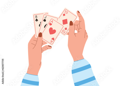 Manicured female hands holding playing cards . Vector isolated illustration in flat style, logical board game poker.