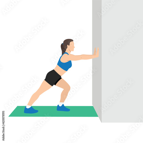 Woman doing straight leg calf stretch exercise. Flat vector illustration isolated on white background