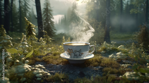 Cup of hot tea with smoke in the forest.