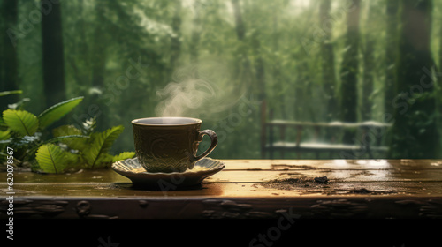 Cup of hot tea with smoke in the forest.