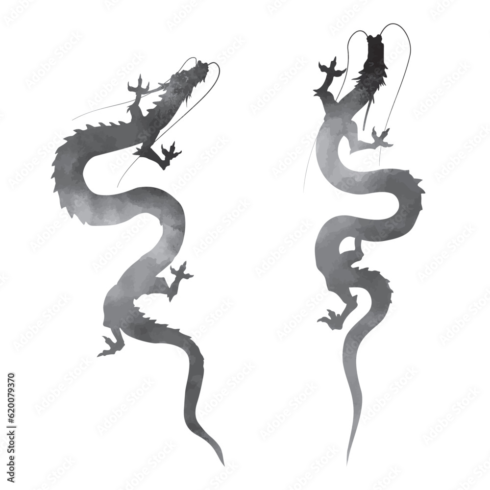 Obraz premium 天に昇る龍のシルエット （水墨画風／辰年の年賀状イラスト素材）