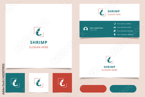 Shrimp logo design with editable slogan. Branding book and business card template.