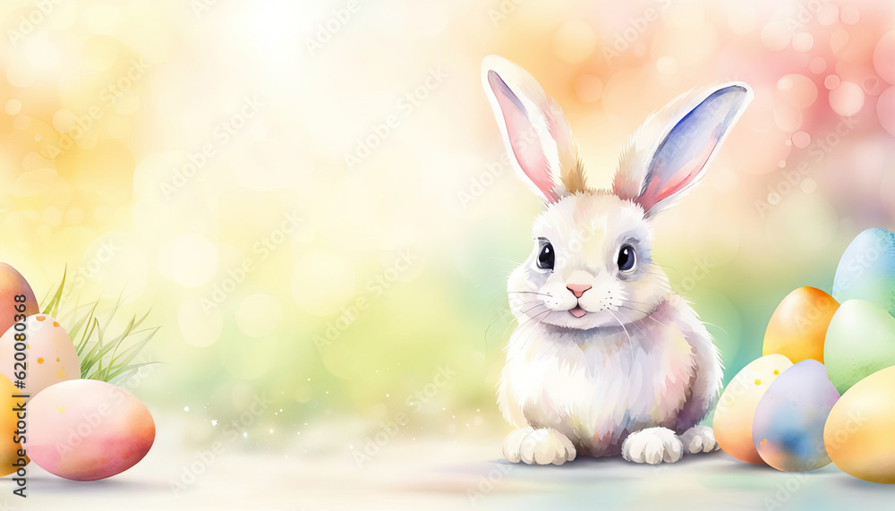 Happy easter card with cute easter bunny rabbit and easter eggs art Happy easter card with cute easter bunny rabbit and easter eggs art