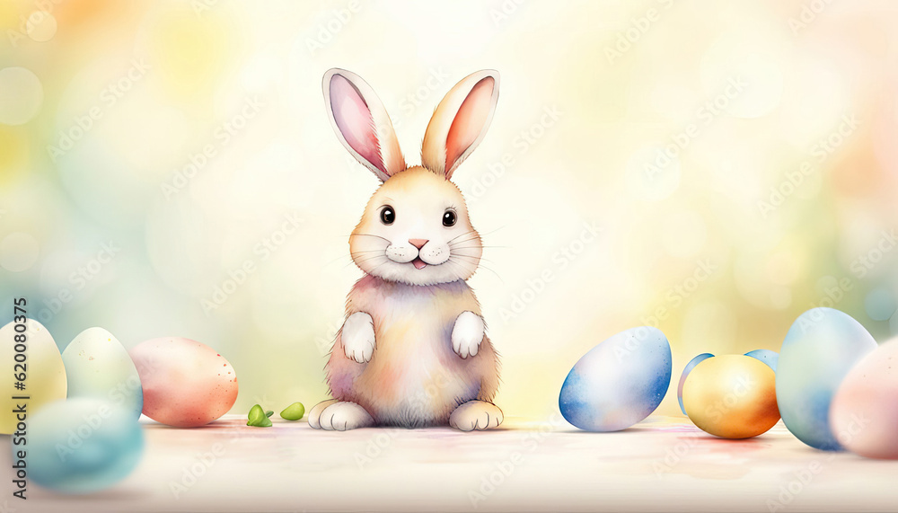 Cute easter bunny with copy space in pastel colors and easter eggs Cute easter bunny with copy space in pastel colors and easter eggs