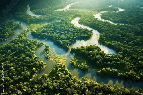 Photo of the green tropical Amazon region with water from bird eye view during sunrise or sunset generative ai.