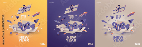 Happy new year 2024 celebration square template with 3D number on open gift box. Greeting concept for 2024 new year
