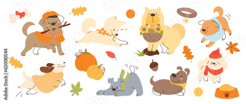 Set of cute animal vector. Autumn season with dogs  friendly pets  clothing  element in fall season in doodle pattern. Adorable funny animal and characters hand drawn collection on white background.