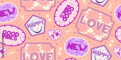 Y2k seamless sticker pattern retro design. Sticker flower cool design. Trendy y2k positive pattern. Collage purple and pink label on background. Vector illustration